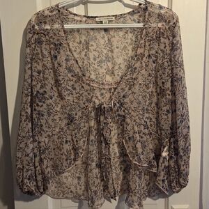 AEO Pink Sheer Floral Tie-Front Blouse